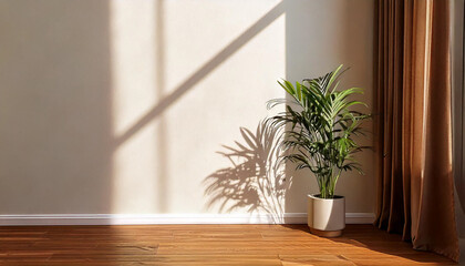Wooden table with dark wall background and sun window creating leaf shadows on the wall with blurred interior in front
