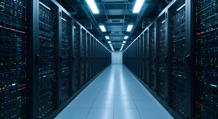 modern data center with rows of illuminated server racks, blinking LED indicators, and cooling fans