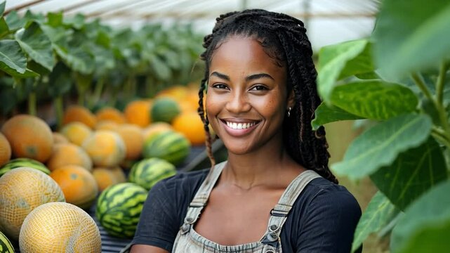 Smiling Melon Farmer: A vibrant young woman with dreadlocks beams with pride as she stands amongst rows of ripe melons, her radiant smile reflecting the abundance of nature's bounty.