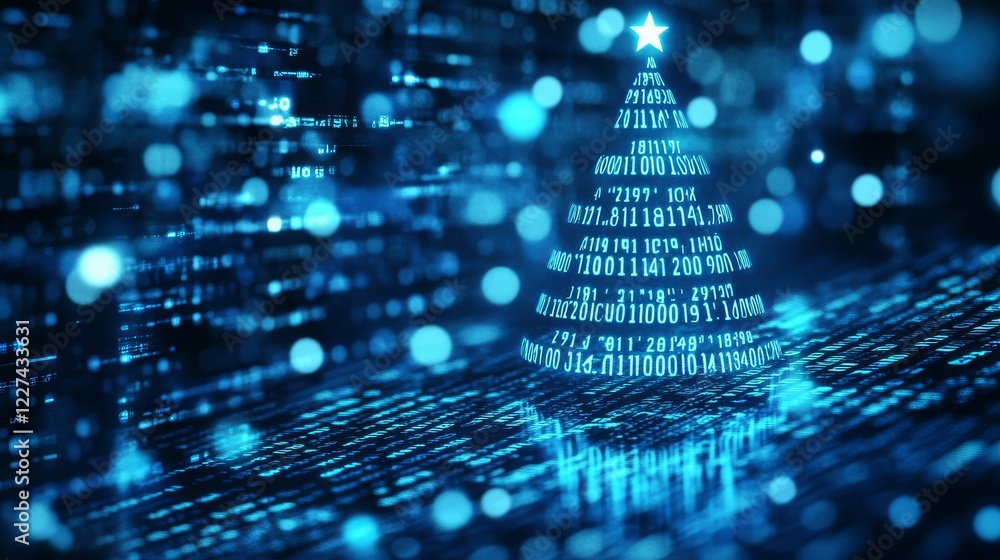Poster christmas tree silhouette interwoven with binary code.