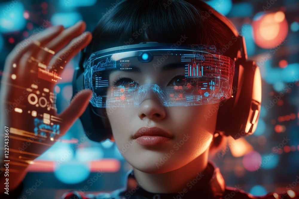 Poster a futuristic consultant using holographic displays and augmented reality tools to analyze business t