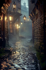 Fototapeta premium Dimly lit narrow alleyway at dusk with cobblestone path and lanterns. atmosphere is mysterious and enchanting