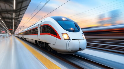 Naklejka premium High-speed eco-friendly trains glide on futuristic magnetic tracks in a vibrant urban environment at dusk