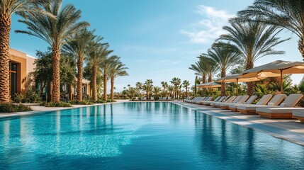 Fototapeta premium Luxury Resort Poolside Oasis: Palm Trees, Tranquility, and Relaxation