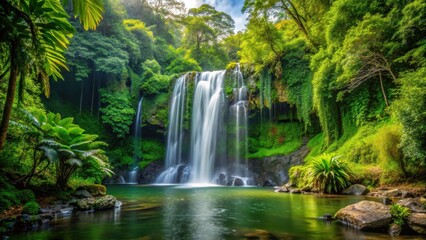 Fototapeta premium waterfall in forest surrounded by green trees and dense foliage