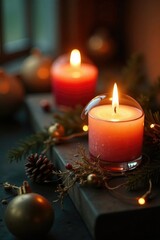 Flickering candlelight dances across delicate glass baubles, rustic, candlelight, glass