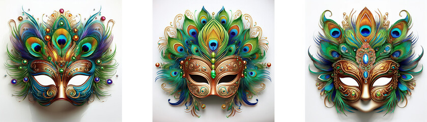 Naklejka premium Three ornate masquerade masks adorned with peacock feathers. Vibrant greens, blues, and golds create a luxurious effect.
