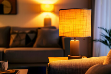 cozy living room featuring warm, illuminated lamp, creating relaxing atmosphere. soft glow enhances inviting decor