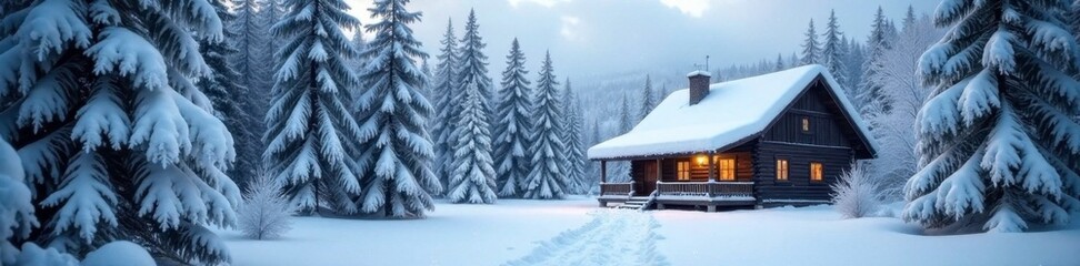 Snowy cottage nestled among frost-covered evergreen trees, cabin, forest