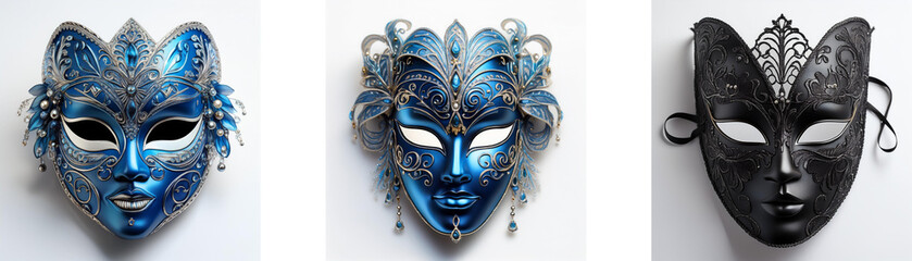 Naklejka premium Three ornate masquerade masks, one blue, one teal, and one black, showcase intricate detailing and unique designs. Each mask possesses a distinct aesthetic, adding to their artistic appeal.