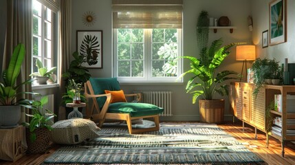 Cozy living room with green plants, sunlight streaming through windows, and modern decor