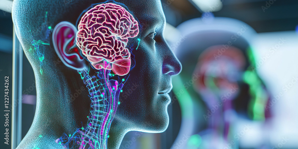 Poster digital rendering of human brain and neural pathways