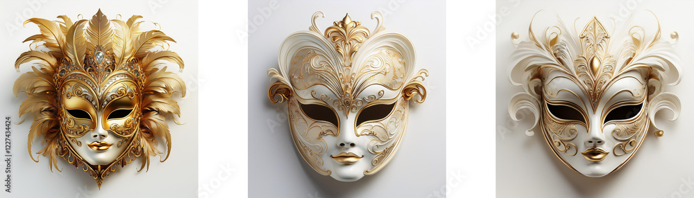 Poster three elegant venetian-style masks, crafted with delicate details and adorned with feathers. their l