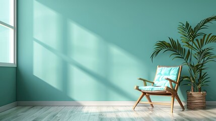 Fototapeta premium Bright and airy interior with a turquoise wall, wooden chair, and lush plant casting shadows