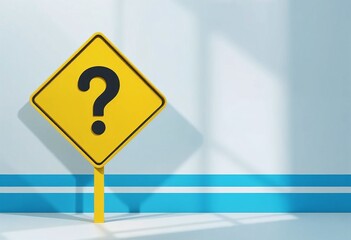 Yellow question mark sign on a pole set against a minimalist blue and white background with ample copy space for text