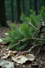 Fragile spruce limbs strewn across a tattered sackcloth ground, decay, natural