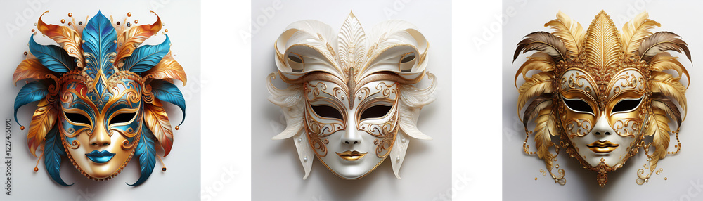 Poster three ornate venetian masks, each with unique color and design, are displayed against a neutral back