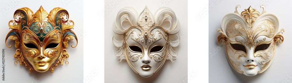 Poster three ornate venetian masks, each with unique styling and color, are displayed against a simple back