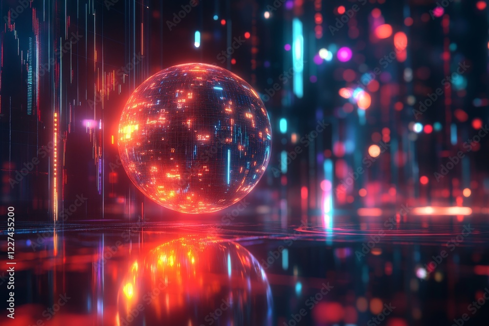Fototapete digital orb in a vibrant futuristic setting with multicolored lights illuminating the environment