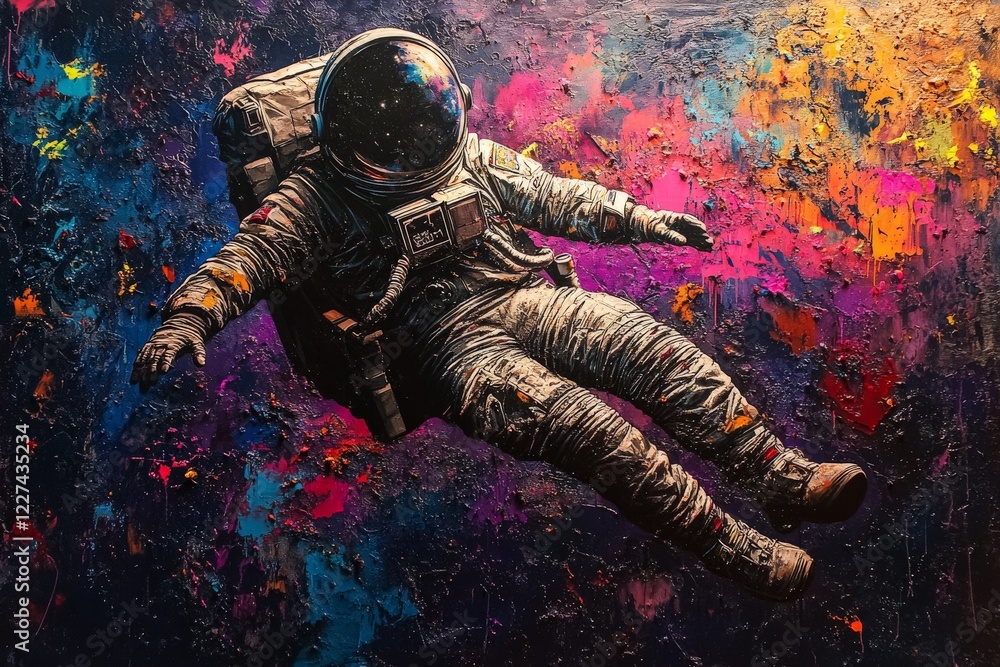 Poster astronaut floating in vibrant cosmic colors against a dramatic backdrop in deep space