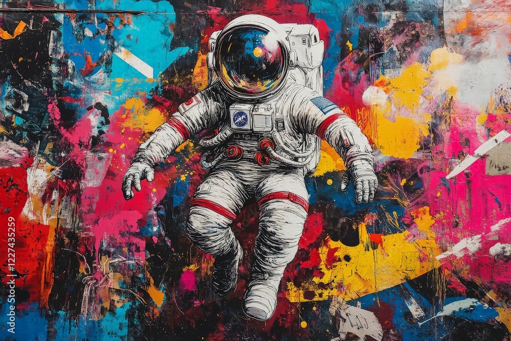 Poster vibrant mural featuring an astronaut surrounded by colorful abstract patterns