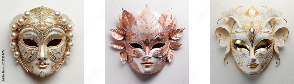 Poster three elegant venetian-style masks, each with unique ornate detailing and a serene expression. the m