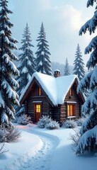 Snowy cottage nestled among frost-covered evergreen trees, natural, serene, cabin