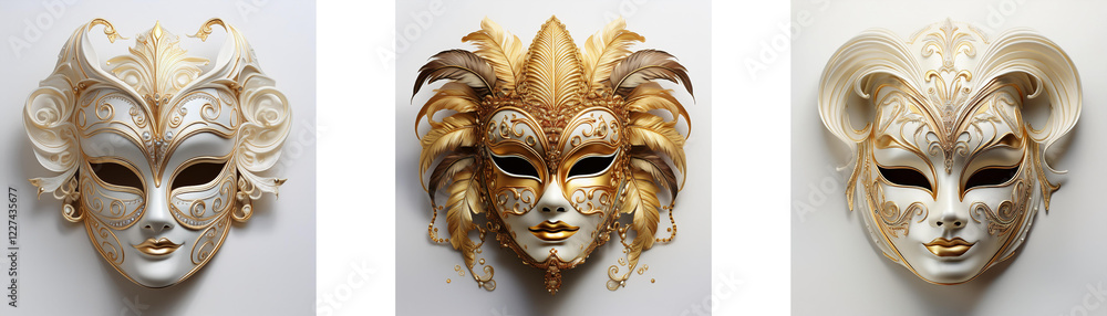 Poster three ornate venetian-style masks, each with unique headdresses. subtle color variations create dept