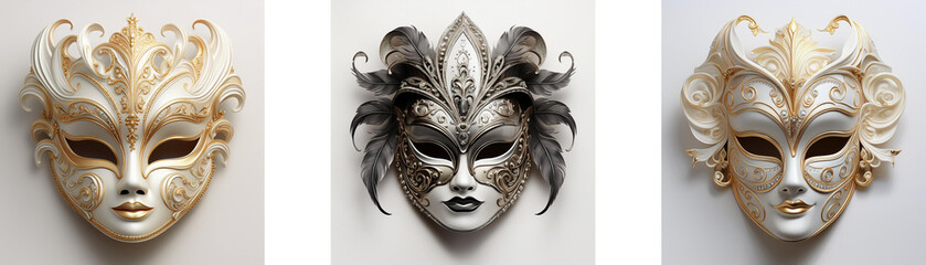 Three elegant Venetian masks, each with unique ornate detailing and color variations off-white, gray, and gold.  They display a blend of mystery and artistry.