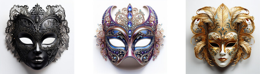 Three ornate Venetian-style masks: one dark gray, one purple, and one gold.  Each mask features intricate detailing and unique design elements.