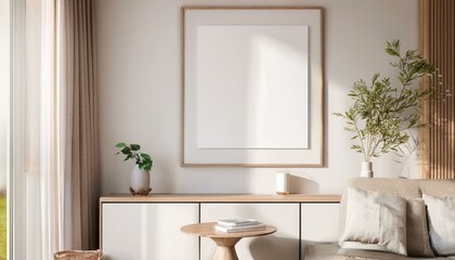 Frame mockup, ISO A paper size. Living room wall poster mockup. Interior mockup with house background. Modern interior design. 3D render
