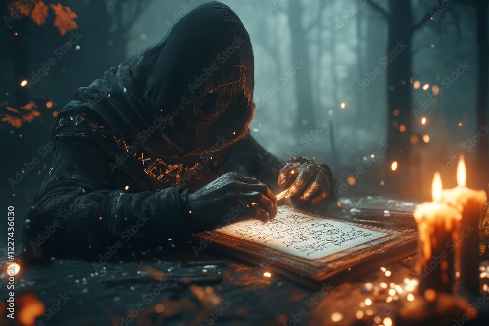 Poster a gothic depiction of a consultant sitting at a dark wooden desk with candles casting eerie light on