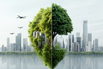 Fototapeta premium A futuristic city split in two, with one half showing a decayed, dystopian skyline and the other featuring glowing skyscrapers, flying cars, and advanced green energy solutions, symbolizing