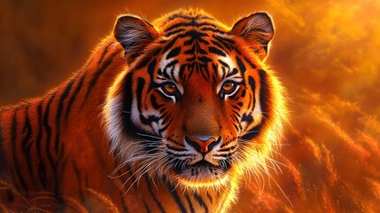 Majestic Tiger Staring Intently in a Fiery Sunset Background