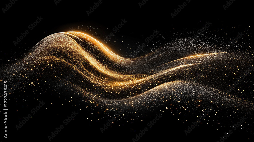 Poster elegant abstract golden wave composed of shimmering particles on a black background. luxurious dynam