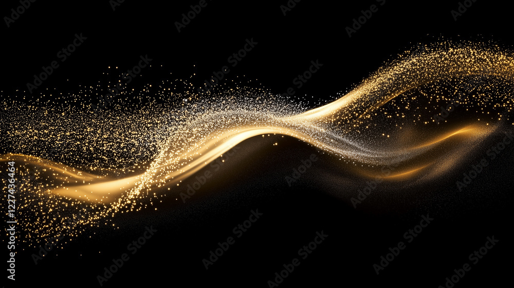Aufkleber Elegant abstract golden wave composed of shimmering particles on a black background. Luxurious dynamic motion with glowing light effects, evoking sophistication, opulence, and futuristic aesthetics in
