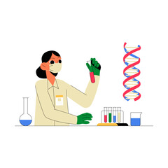 Female Scientist Conducting DNA Experiment In Flat Vector Illustration Symbolizing Biotechnology, Genetics, And Laboratory Research, Isolated On White Background