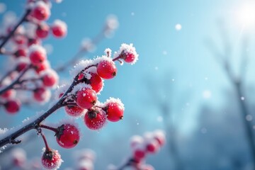 Frosted red berry branches against a cold blue sky, seasonal, cold