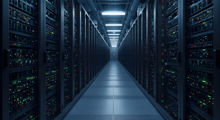 modern data center with rows of illuminated server racks, blinking LED indicators, and cooling fans