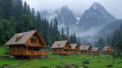 Obraz premium Mountain cabins, misty valley, green meadow, rain