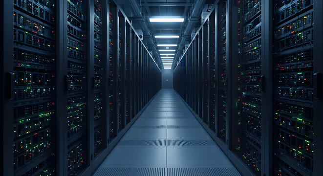 modern data center with rows of illuminated server racks, blinking LED indicators, and cooling fans