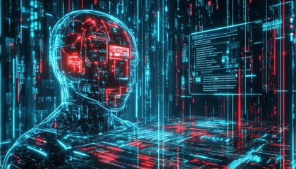 Obraz premium Tech humanoid artificial intelligence neon background