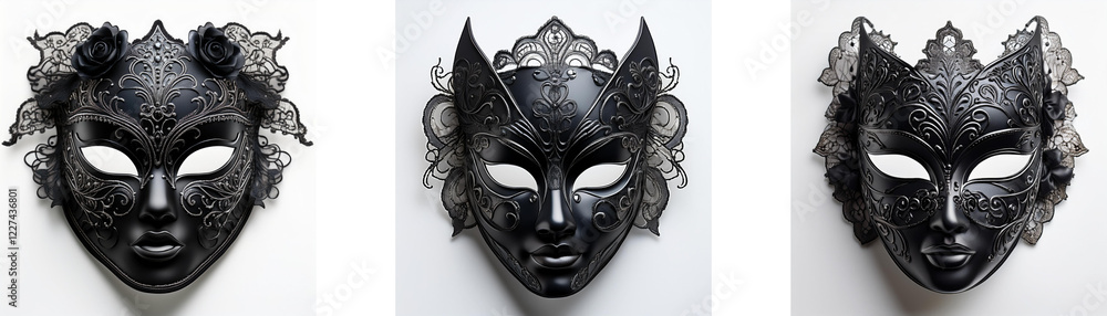 Poster three elegant black masquerade masks with ornate detailing. each mask features unique headwear and s