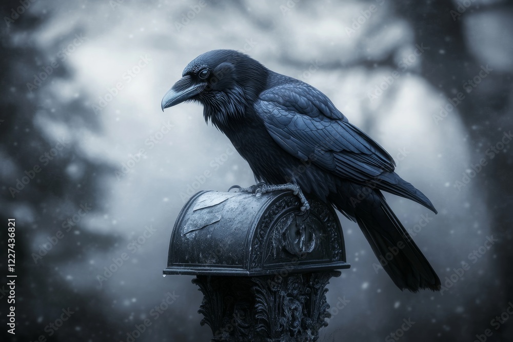 Poster a gothic depiction of a raven delivering a sealed letter, perched on a dark, ornate mailbox with sha