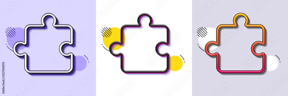 Poster puzzle piece line icon. halftone dotted pattern. gradient icon with grain shadow. jigsaw game shape 