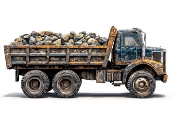 Obraz premium Dump Truck filled with stones isolated on white background. Dump Truck with stones. Heavy Machinery. Construction Vehicle loaded with stones. Dump Truck Design Element. Stone-filled Dump Truck.