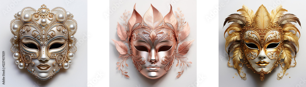 Poster three ornate venetian-style masks. each features unique styling and color palette, showcasing intric