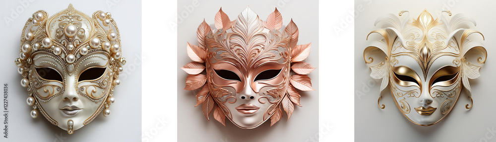 Poster three elegant venetian-style masks, each with unique ornate details and a serene expression. they sh