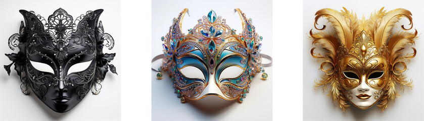 Three ornate Venetian masquerade masks; one black, one multicolored, and one gold.  Each mask features unique detailing and elaborate headpieces.