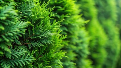 Fototapeta premium Detailed close-up shot of fresh green branches from a dense green hedge of Thuja trees with intricate foliage and delicate texture, Thuja branch, Forest Environment